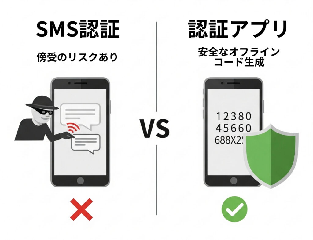 2段階認証で、SMS認証と認証アプリを比較した図。SMS認証は傍受のリスクあり。認証アプリは安全なオフラインコード生成を示している。