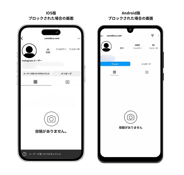 Instagram(インスタグラム)で、ブロックされた場合の画面をiOSとAndroidで比較