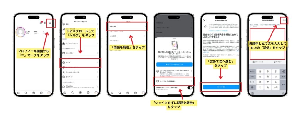 Instagramインスタで問題を報告、異議申し立て文を入力して送信をタップするまでの説明フロー図です。