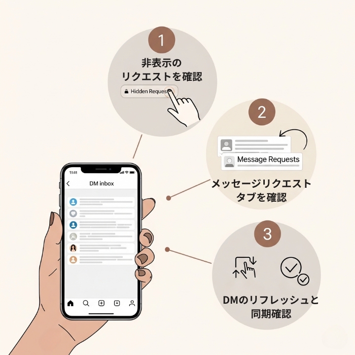 インスタ通知が消えない時に試すべき3つの解決策(非表示リクエスト確認、全タブ確認、リフレッシュ)を解説するイラスト。