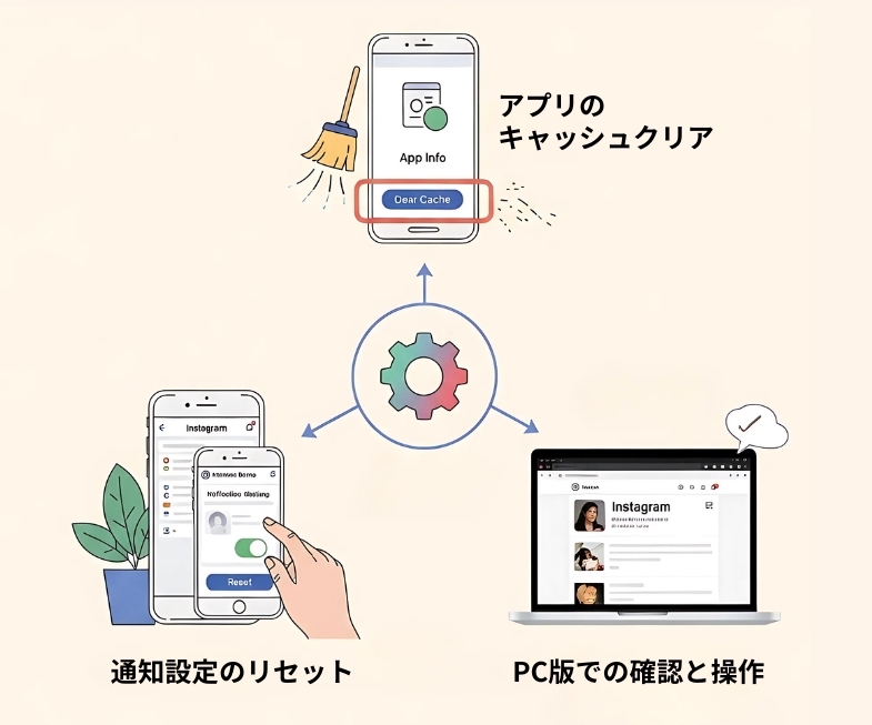 インスタ通知を消す上級解決策3つのインフォグラフィック。「キャッシュクリア」「通知リセット」「PCでの確認」の方法を解説。