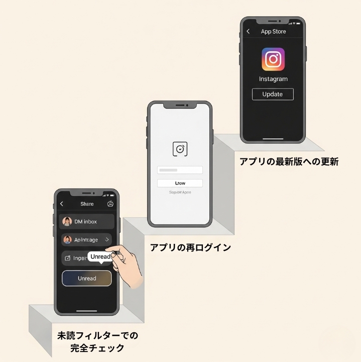 インスタ通知を消す中級編の3ステップを示す階段状のイラスト。下から順に「未読フィルター」「再ログイン」「アプリ更新」の解決策が描かれている。