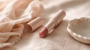 唇が荒れる人向けに、保湿できる色つきリップを1本だけやさしく接写したイメージ。柔らかいガーゼ布を添えた朝のドレッサー
