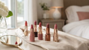 大人の女性が手に取る複数のピンク系口紅(コーラル・ローズ・モーヴ・くすみピンク)を上品に並べたイメージ
